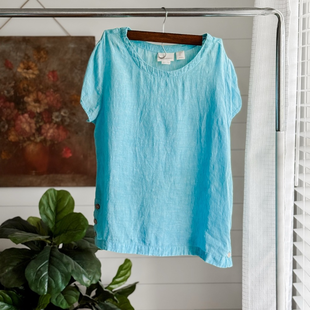 Cynthia Rowley Aqua Short-Sleeve Linen Top